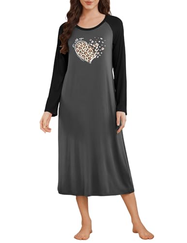 Ekouaer Nachthemd Langarm Damen Nachtkleid Damen Lang Winter Warm Nachtwäsche, Dunkelgrau, XL von Ekouaer