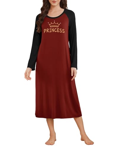 Ekouaer Nachthemd Langarm Damen Nachtkleid Damen Lang Winter Warm Nachtwäsche, Rot, XL von Ekouaer
