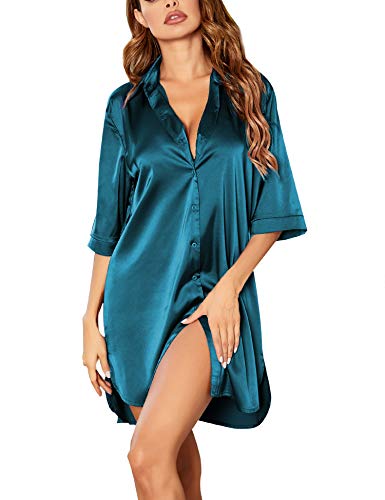 Ekouaer Damen Nachthemd Sommer Knopfleiste Satin Kurzarm Nachtkleid Kurz 3/4 Ärmeln Sleeepshirt mit Tiefer V-Ausschnitt Nachtwäsche Negligee, Blaugrün, S Ekouaer Damen Nachthemd Sommer Knopfleiste Satin Kurzarm Nachtkleid Kurz 3/4 Ärmeln Sleeepshirt mit Tiefer V-Ausschnitt Nachtwäsche Negligee, Blaugrün, S von Ekouaer