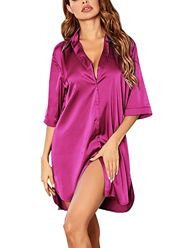 Ekouaer Nachthemd Satin Damen Nachtkleid Kurz 3/4 Ärmeln Sleepwear mit Tiefer V-Ausschnitt Sleepshirt Negligee Nachtwäsche S von Ekouaer