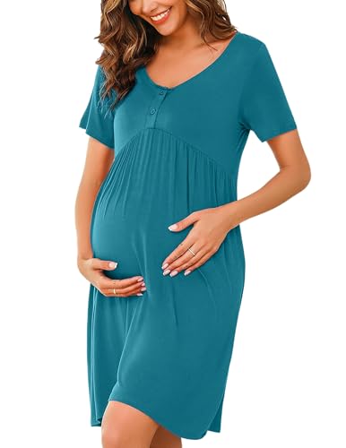 Ekouaer Nachthemd Stillen Geburt Umstandsnachthemd V Ausschnitt Mutterschaft Nachthemd Knopfleiste für Schwangere oder Stillende Frauen Umstandskleid von Ekouaer