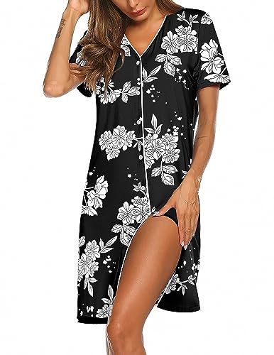 Ekouaer Nachthemd Damen Schlafshirt Kurzarm Sleepshirt Kurz Nachtwäsche Knopfleiste Schwarz und Weiß M von Ekouaer