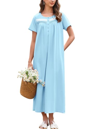 Ekouaer Nachthemden Damen Baumwolle Lang Kurzarm Nachtwäsche Nachtkleid mit Knopf Taschen Weich Schlafshirt Blau S von Ekouaer