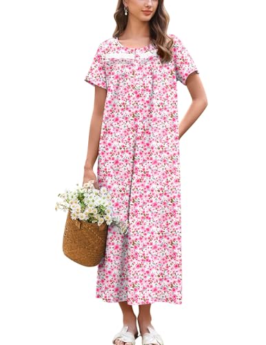 Ekouaer Nachthemden Damen Baumwolle Lang Kurzarm Nachtwäsche Nachtkleid mit Knopf Taschen Weich Schlafshirt Floral S von Ekouaer