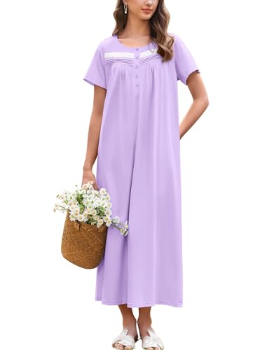 Ekouaer Nachthemden Damen Baumwolle Lang Kurzarm Nachtwäsche Nachtkleid mit Knopf Taschen Weich Schlafshirt Lila M von Ekouaer