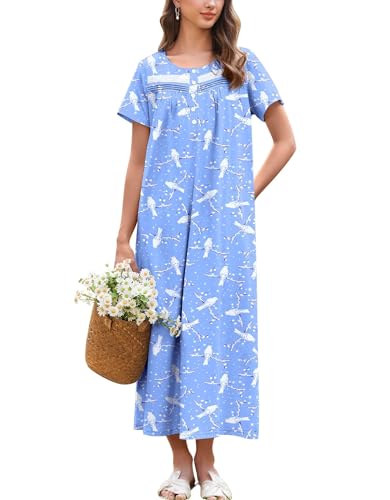 Ekouaer Nachthemden Damen Baumwolle Lang Kurzarm Nachtwäsche Nachtkleid mit Knopf Taschen Weich Schlafshirt Weißer Vogel M von Ekouaer