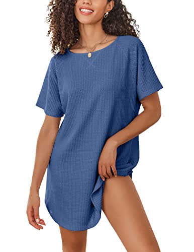 Ekouaer Nachthemd Damen Kurz Einfarbig Kurzarm Nachtwäsche Rundhals Freizeitkleid Schlafhemd, Blau, XL von Ekouaer