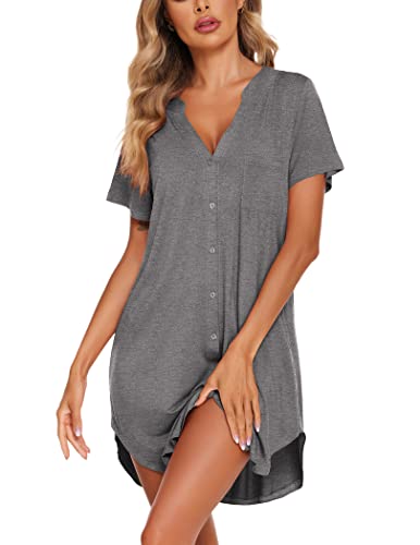 Ekouaer Nachthemden Damen Kurzarm Baumwolle Schlafkleid V-Ausschinitt Nachthemd Sexy Schlafshirt Sommer Nachtwäsche mit Knöpfe, Dunkelgrau, S von Ekouaer