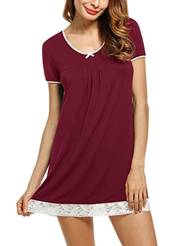 Ekouaer Nachthemden Damen Kurzarm Schlafshirt Kurz Sleepshirt Sommer Nachtwäsche, Stil B Rot, L von Ekouaer