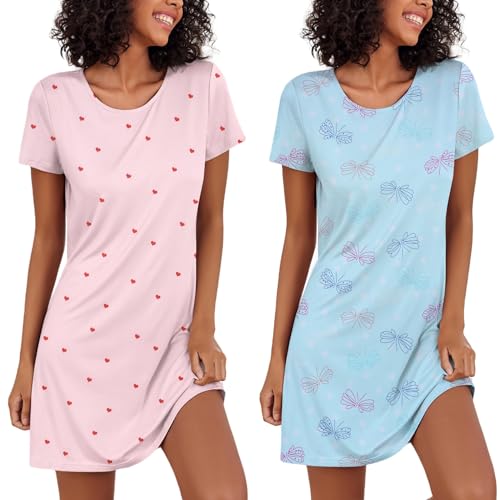 Ekouaer Nachthemden Damen Nachtwäsche Kurz Sommer Sleepshirt Loose fit Negligee große größen Zweiteiliger Schlafshirt 2pcs, Herz+Schmetterling, S von Ekouaer