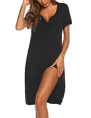 Ekouaer Nachthemden für Damen Sommer Schlafshirt Kurzarm Sleepshirt Nachtwäsche Knopfleiste Schwarz S von Ekouaer