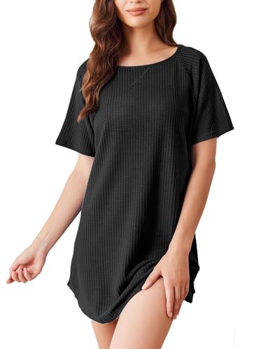 Ekouaer Damen Nachthemd Kurz Sommer Loungewear Kurzarm Nachtkleid Bequeme Sleepshirt, Schwarz, S von Ekouaer