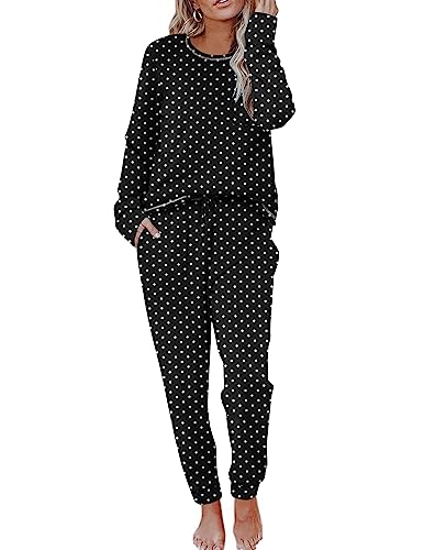 Ekouaer Schlafanzug Damen Punkte Pyjama Set Rundhals Schlafanzüge Weich Nachtwäsche Zweiteiliger Sleepwear Hausanzug Loungewear mit Taschen,Schwarz - Weiß,XL von Ekouaer