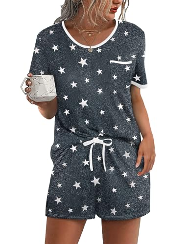 Ekouaer Nachtwäsche Damen Set Pyjama Kurz Schlafanzug 2-teiliges Loungewear Set Oberteile und Shorts weiche Nachtwäsche Brusttasche, Dunkelgrau, XXL von Ekouaer