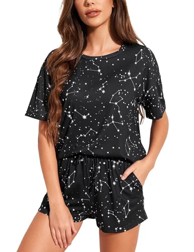 Ekouaer Nachtwäsche Frauen Schlafanzug Damen Pyjama Set Kurz mit Tie Dye Freizeitanzug kurzärmeliges Oberteil und Shorts 2-teiliges Pyjama-Set, Galaxis, S von Ekouaer