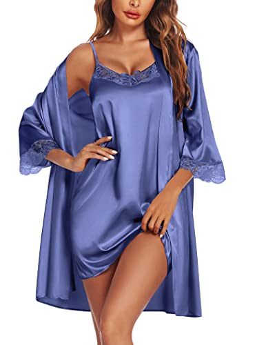 Ekouaer Negligee Damen Sexy Morgenmantel Bride Satin Babydoll Nachthemd 2PCS Kurz Kimono Bademantel mit Gürtel, Kornblume, XXL von Ekouaer