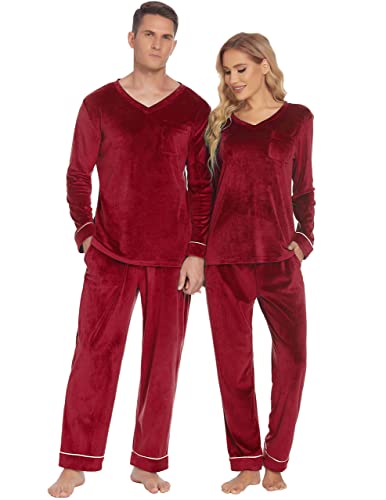 Ekouaer Paare Passende Pyjama-Sets Samt PJs Set für Männer und Frauen Velours Langarm Nachtwäsche S-XXL, Weinrot, Medium von Ekouaer