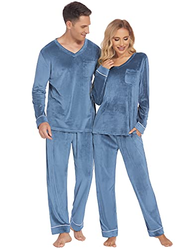 Ekouaer Paare Passende Pyjamas Sets Samt PJs Set für Männer und Frauen Velours Langarm Nachtwäsche S-XXL, Blau, M von Ekouaer