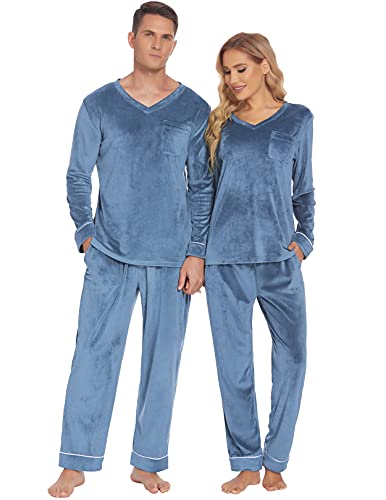 Ekouaer Paare Passende Pyjamas Sets Samt PJs Set für Männer und Frauen Velours Langarm Nachtwäsche S-XXL, Blau, Medium von Ekouaer