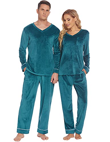 Ekouaer Paare Passende Pyjamas Sets Samt PJs Set für Männer und Frauen Velours Langarm Nachtwäsche S-XXL, Dunkelgrün, Small von Ekouaer