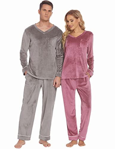 Ekouaer Paare Passende Pyjamas Sets Samt PJs Set für Männer und Frauen Velours Langarm Nachtwäsche S-XXL, Hellgrau, Small von Ekouaer