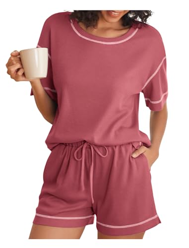 Ekouaer Pijamas Damen Kurz Sommer Shorty Pyjama Rundhals Weiche Pijama Set Leichte Hausanzug Loungewear Freizeitanzug Rot XXL von Ekouaer