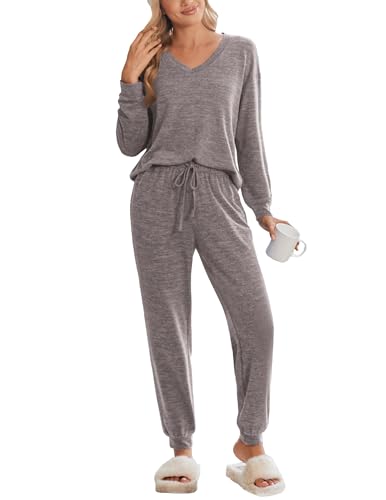 Ekouaer Pjama Schlafanzug Damen Lang Pyjamas Set Bequemer Schlafanzüge Pjamas Set Weich Sleepwear Mit Bündchen Brown L von Ekouaer