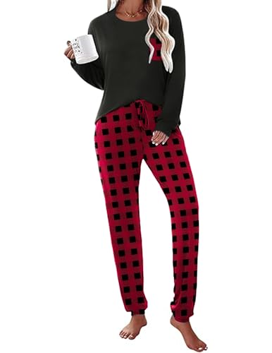 Ekouaer Pyjama Baumwolle Langarm Zweiteiler Schlafanzug Damen Warm Hausanzug Kordelzug Pyjama Set Winter Nachtwäsche Lang Hose, Rot-Kariert, S von Ekouaer