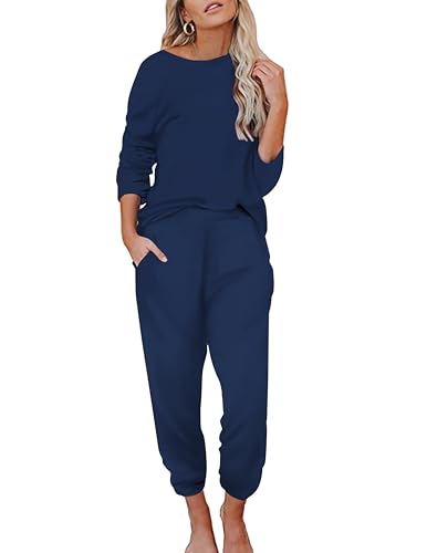 Ekouaer Pyjama Damen Baumwolle Herbst Schlafanzug Langarm Damen Pyjama Set Lang Hose Nachtwäsche Schlafanzug Mädchen, Navyblue L von Ekouaer