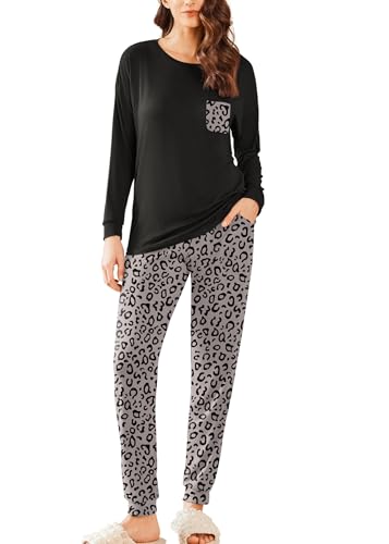 Ekouaer Pyjama Damen Baumwolle Langarm Zweiteiler Schlafanzug Warm Hausanzug Kordelzug Pyjama Set Winter Nachtwäsche Lang Hose Kariert, Leopard, S von Ekouaer