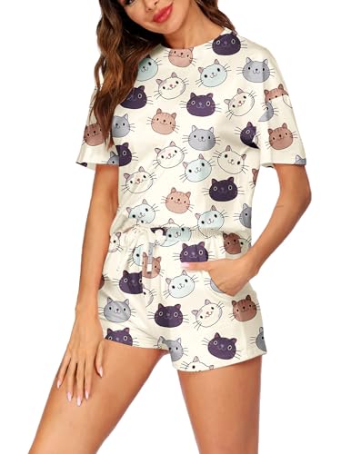 Ekouaer Pyjama Damen Kurz Baumwoll Pyjama Damen Sommer Reine Gefärbt Bedruckt Kurzärmelig Top und Shorts Freizeitkleidung Heimkleidung, Katze, M von Ekouaer