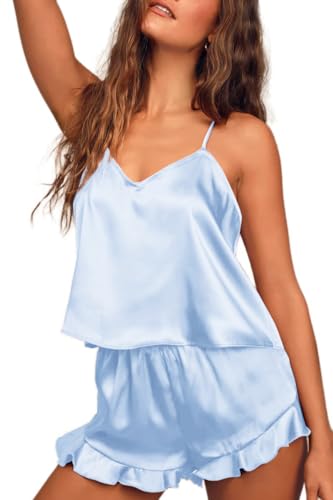 Ekouaer Pyjama Damen Kurz Satin Schlafanzug Damen Sexy Pyjamas Satin Sommer V-Ausschnitt Jumpsuit Seidenpyjama Hellblau M Ekouaer Pyjama Damen Kurz Satin Schlafanzug Damen Sexy Pyjamas Satin Sommer V-Ausschnitt Jumpsuit Seidenpyjama Hellblau M von Ekouaer