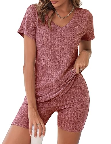 Ekouaer Pyjama Damen Kurz Schlafanzug Frauen Nachtwäsche Zweiteiliger Pjs Sets Hausanzug,Rotwein,L von Ekouaer