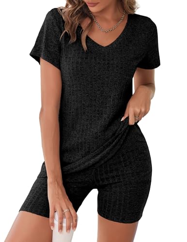 Ekouaer Pyjama Damen Kurz Schlafanzug Kurzarm Nachtwäsche Set Frauen Pjs Sets Hausanzug Loungewear,Schwarz,L von Ekouaer