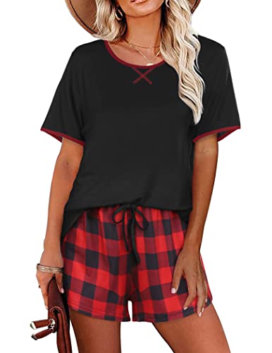 Ekouaer Pyjama Damen Kurz Schlafanzug Kurzarm Nachtwäsche Set Frauen Pjs Sets Hausanzug Loungewear Schwarz L von Ekouaer