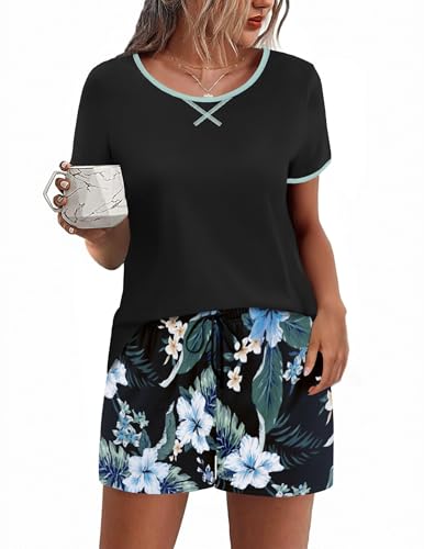 Ekouaer Damen Schlafanzug Kurz Pyjama Damen Kurzarm Schlafhose Rundhals Shorty Pyjamas Nachtwäsche Kariert Schlafanzüge, Schwarz-Blaue Blume, M von Ekouaer