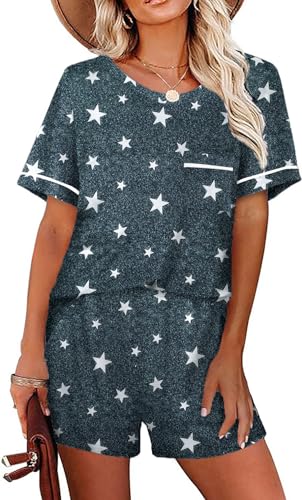 Ekouaer Pyjama Damen Kurz Schlafanzug Nachtwäsche Sommer Schlafanzüge Zweiteiliger Pjs Sets Hausanzug, Sterne Grau, XL von Ekouaer