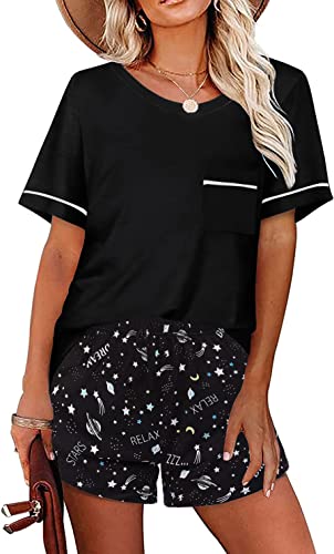 Ekouaer Pyjama Damen Kurz Schlafanzug Nachtwäsche Sommer Schlafanzüge Zweiteiliger Pjs Sets Hausanzug, Universum, XL von Ekouaer