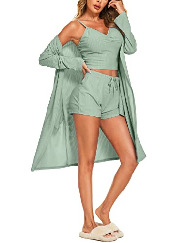 Ekouaer Pyjama Damen Kurz Schlafanzug Sexy Hausanzug Morgenmantel Set 3 Teiler Pyjamas Set für Frauen grün XXL von Ekouaer