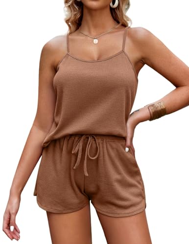 Ekouaer Pyjama Damen Kurz Schlafanzug für Damen weiche Dessous Nachtwäsche 2-teiliges Cami-Shorts-Set Waffelstrick-Pyjama-Loungewear, 2PC- Braun, L von Ekouaer