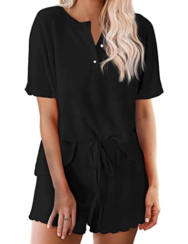 Ekouaer Schlafanzug Damen Pyjama Set Schlafanzug Mädchen Kurz Zweiteiliger Sommer Hemdpyjama Kurzarm mit Knöpfe Schwarz M von Ekouaer