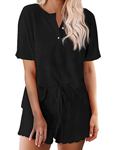 Ekouaer Schlafanzug Damen Baumwolle Pyjama Set Schlafanzug Mädchen Kurz Zweiteiliger Sommer Hemdpyjama Kurzarm Damen Shorty mit Knöpfe Schwarz M von Ekouaer