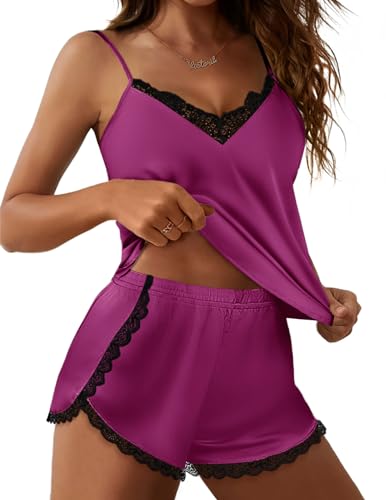 Ekouaer Pyjama Damen Kurz Sexy Schlafanzug Satin Leict Nachtwäsche Ärmellos mit Spaghettiträger Negligee Spitze, Rosa-Lila, M von Ekouaer