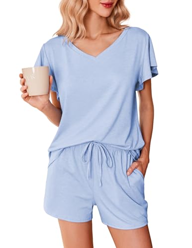 Ekouaer Damen Pyjama Kurz Schlafanzug Damen Kurz V Ausschnitt Zweiteiliger Nachtwäsche Shorty Loungewear Sleepwear für Sommer Hellblau L von Ekouaer