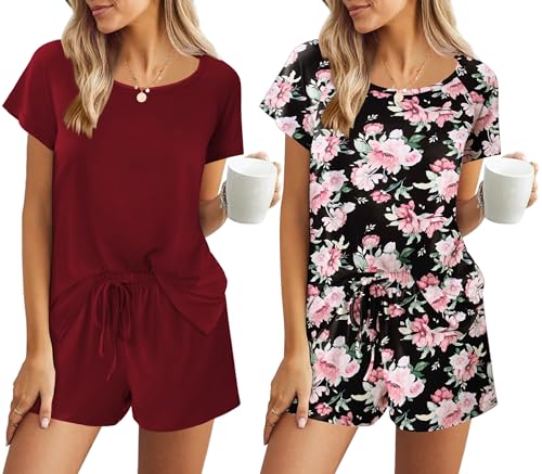 Ekouaer Pyjama Damen Kurzarm Kurz 2PCS Schlafanzug Rundhals Druckdesign Kurze Schlafanzüge Damen Stilvoll Zweiteiliger Pyjamahose, Weinrot+Blumen1, M von Ekouaer