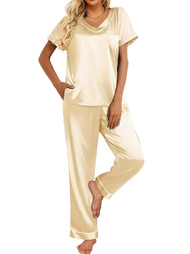 Ekouaer Pyjama Damen Kurzarm Zweiteiler Schlafanzug Satin Hausanzug Kordelzug Pyjama Set Winter Nachtwäsche Lang Hose Champagne S von Ekouaer