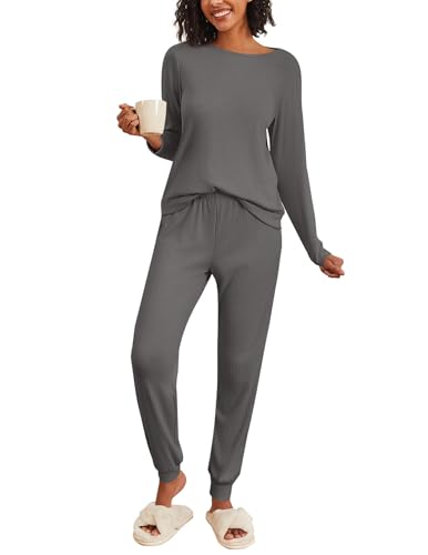 Ekouaer Pyjama Damen Lang Rippenjersey Schlafanzug für Frauen Soft PJs Set Freizeitanzüge Dunkelgrau M von Ekouaer