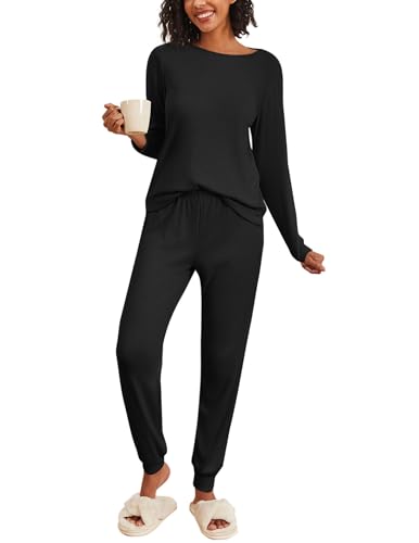 Ekouaer Pyjama Damen Lang Rippenjersey Schlafanzug für Frauen Soft PJs Set Freizeitanzüge Schwarz M von Ekouaer