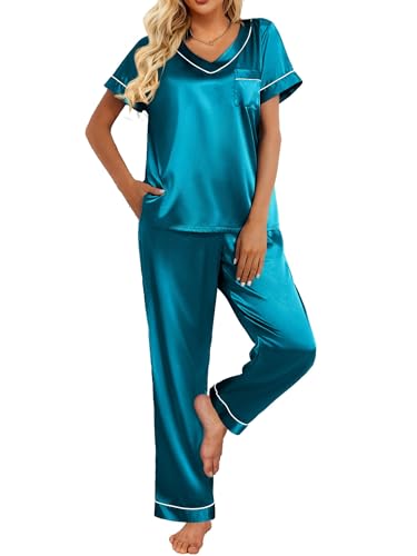Ekouaer Damen Schlafanzug Satin Pyjama Set mit Taschen Zweiteiler Pyjama Lang Hose Freizeitanzug Sommer Hausanzug Kurzarm lang Blaugrün XL von Ekouaer