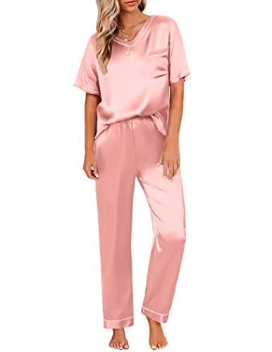 Ekouaer Damen Schlafanzug Satin Pyjama Set mit Taschen Zweiteiler Pyjama Lang Hose Freizeitanzug Sommer Hausanzug Kurzarm lang Rosa XL von Ekouaer